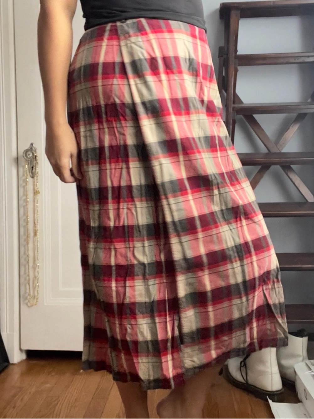 Vintage Liz Claiborne Crazy Horse Plaid Wrap Skirt Red Midi Size 16 Cottagecore
